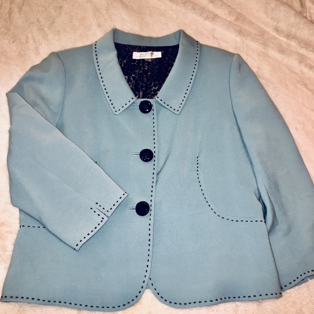 Elie Tahari Tiffany blue blazer with cheetah liner - Picture 2 of 7